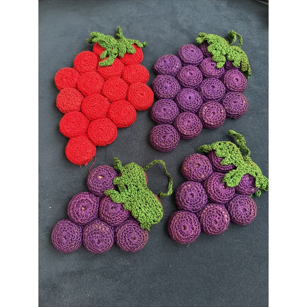 Lot Of 4 Vtg Handmade Crochet And Bottlecap Cork Grape Trivets Purple And Red
